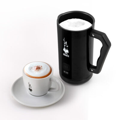 Milk Frother Espumador de Leche Eléctrico automático negro y taza de cappuccino Bialetti