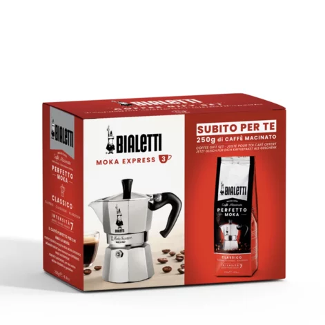 Gift Coffee Set Cafetera Italiana Moka Express 3 Tazas y Café Molido Perfetto Moka 250gr Bialetti