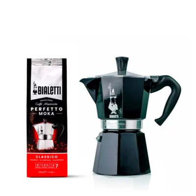 Cafetera Moka Color Negra 3 Tazas y 1 Café Molido Perfetto Moka Classico 250gr