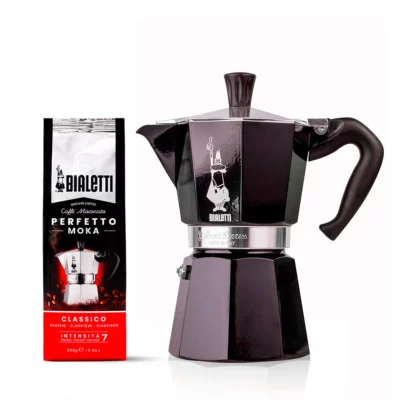 Cafetera Moka Color Negra 6 Tazas y 1 Café Molido Perfetto Moka Classico 250gr