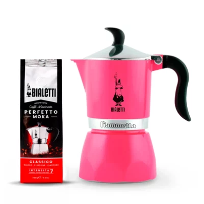 Pack Cafetera Italiana Bialetti Fiammetta 3 Tazas Fucsia y Café Perfetto Moka Classico