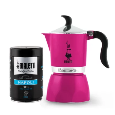 Pack Cafetera Italiana Bialetti Fiammetta 3 Tazas Summer Fucsia y Café Molido Napoli 250gr Bialetti