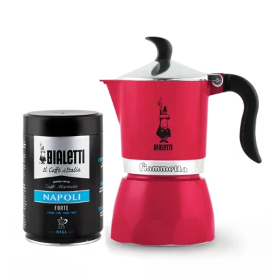 Pack Cafetera Italiana Bialetti Fiammetta 3 Tazas Summer Roja y Café Molido Napoli 250gr Bialetti