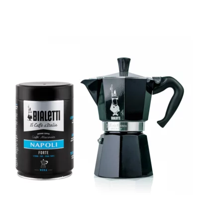 Cafetera Moka Color Negra 3 Tazas y 1 Café Molido Napoli 250gr Bialetti