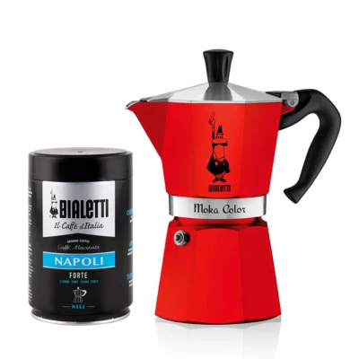 Cafetera Moka Color Roja 6 Tazas y 1 Café Molido Napoli 250gr Bialetti