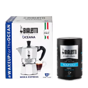 Pack Cafetera Moka Express 3 tazas y café molido napoli 250gr Bialetti