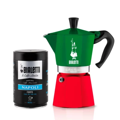 Pack Cafetera Moka Tricolor 6 tazas y café molido napoli 250gr Bialetti