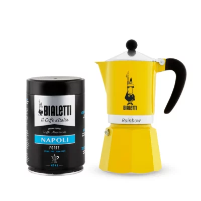 Pack Cafetera Rainbow Amarillo 6 tazas y café molido napoli 250gr Bialetti
