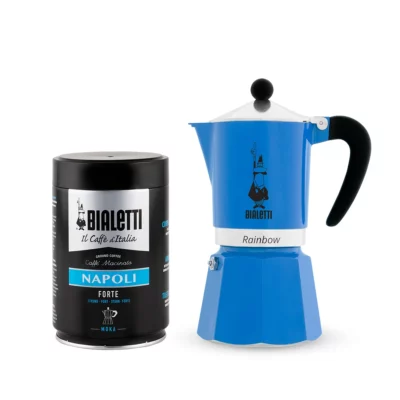 Pack Cafetera Rainbow Azul 6 tazas y café molido napoli 250gr Bialetti