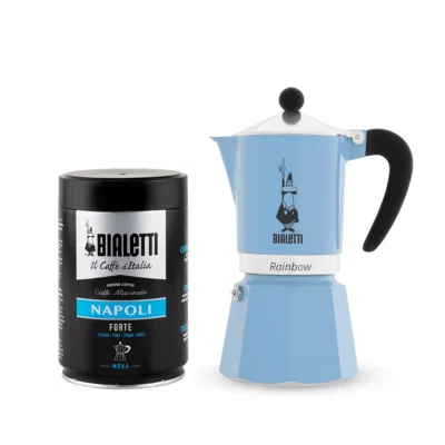 Pack Cafetera Rainbow Celeste 6 tazas y café molido napoli 250gr Bialetti