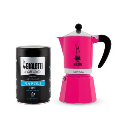 Pack Cafetera Rainbow Fucsia 6 tazas y café molido napoli 250gr Bialetti