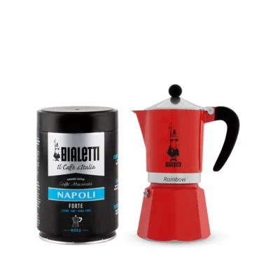 Pack Cafetera Rainbow Roja 3 tazas y café molido napoli 250gr Bialetti
